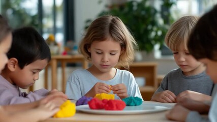 Diverse group of children engaging in creative play with colorful clay at table - Powered by Adobe