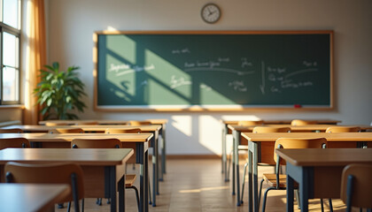 bright classroom with desks, a chalkboard, and sunlight streaming through the windows