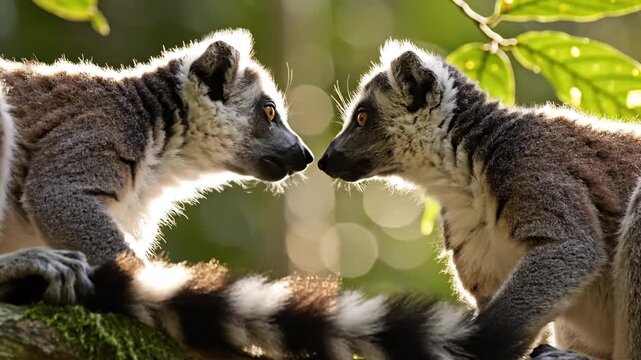 Two Ring-tailed Lemurs Face Each Other in a Natural Habitat.