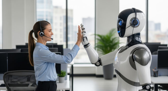 Customer service representative high-fiving friendly robot assistant, teamwork and innovation in corporate office