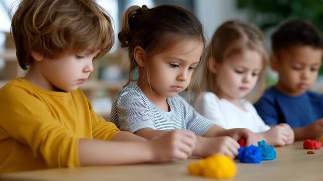 Children creating with colorful clay at classroom activity table