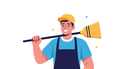 A cheerful professional cleaner or janitor in a uniform and cap smiles while carrying a broom over his shoulder.