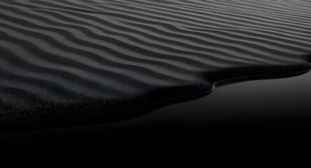 Minimal abstract black sand wave patterns hovering over mirror-like water with detailed realism