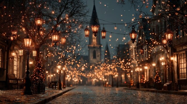 Festive street illuminated by lanterns and frost a cozy family gathering with christmas trees and enchanting church bells