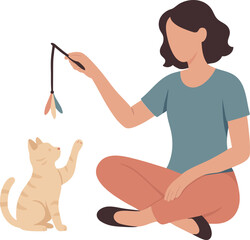 Woman playing with cat and feather toy