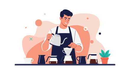 A friendly barista meticulously pours water from a gooseneck kettle into a coffee dripper to make delicious pour-over coffee.