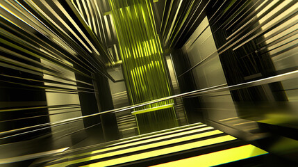 Abstract futuristic environment with geometric shapes and a vibrant green glowing structure, digitally rendered