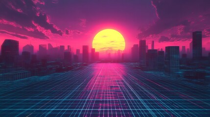 A vibrant retrofuturistic cityscape with a glowing grid road and sunset