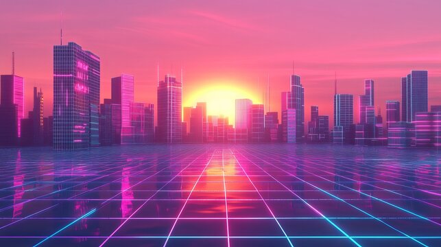 A vibrant retrofuturistic cityscape with a glowing grid road and sunset