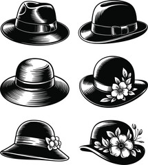 Collection of black and white vintage hats for men and women Keywords: hats, vintage, retro