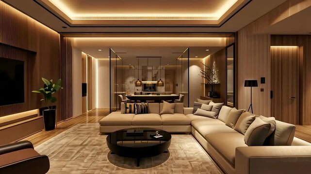 Luxurious modern living room with warm ambient lighting, elegant furniture, spacious layout, and refined interior design creating a sophisticated atmosphere