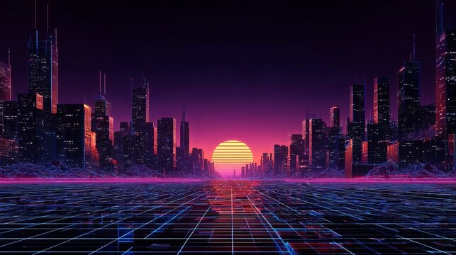 A vibrant retrofuturistic cityscape with a glowing grid road and sunset