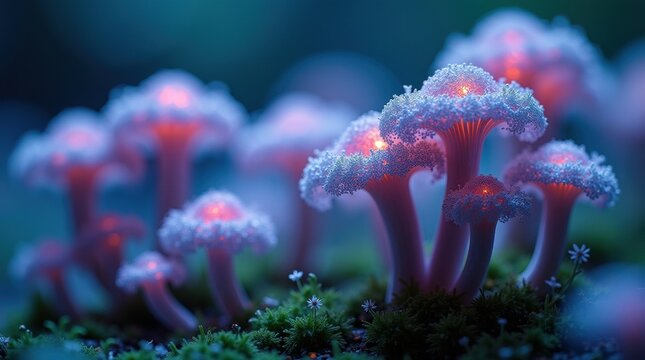 Bioluminescent mushrooms glowing with ethereal pink and blue light in a dark forest