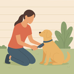 Brushing a golden dog in the yard