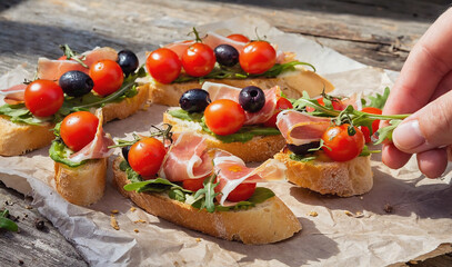 Photorealistic bruschetta with prosciutto cherry tomatoes olives and arugula on rustic bread arranged on parchment paper