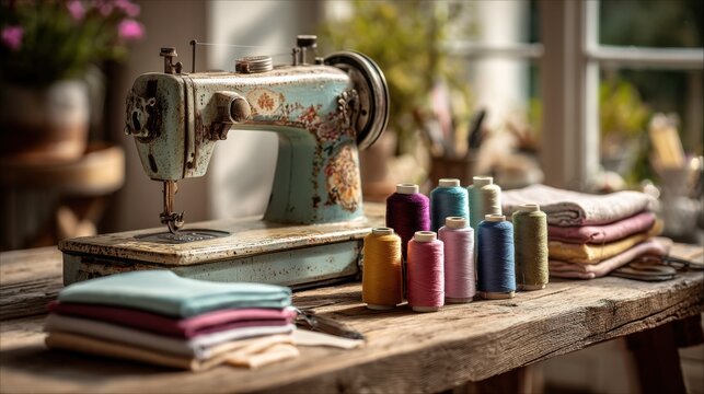 Vintage sewing machine with colorful threads and folded fabrics on rustic wooden table in warm sunlight perfect for craft hobby and handmade design visuals