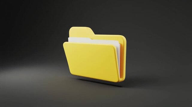 Yellow 3D Folder Icon with White Paper Insert Floating on Dark Gray Background Keywords: folder, icon, yellow, 3D, graphic, design, symbol, object, document, file, storage, organization, data