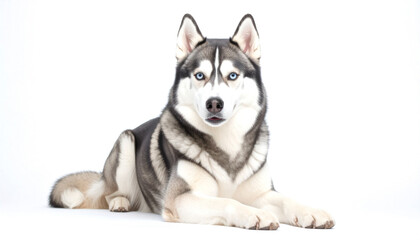 Husky dog resting calmly with striking blue eyes on a seamless white backdrop