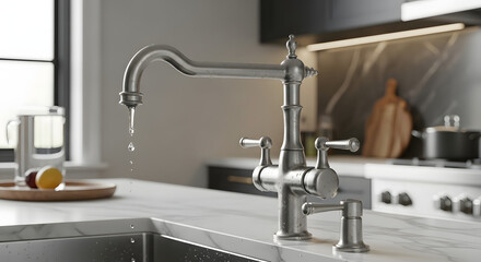 Elegant kitchen faucet with running water on a marble countertop.