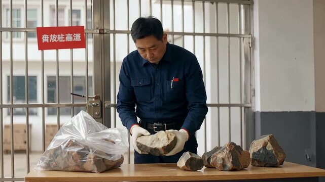 Police Officer Inspecting Seized Contraband in a Secure Facility.