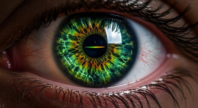 Extreme macro close-up of a bright, vibrant human eye with a complex, futuristic green and yellow iris pattern and digital element
