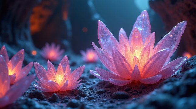 Magical glowing crystal lotus flowers in a mystical fantasy forest - Powered by Adobe
