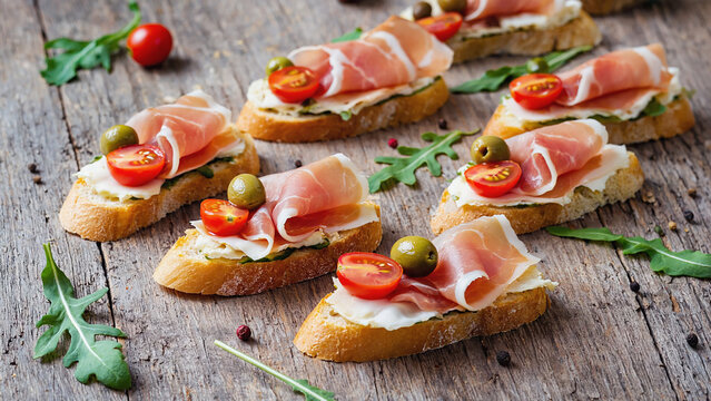 Photorealistic bruschetta with prosciutto cherry tomatoes olives and arugula on rustic bread arranged on parchment paper - Powered by Adobe