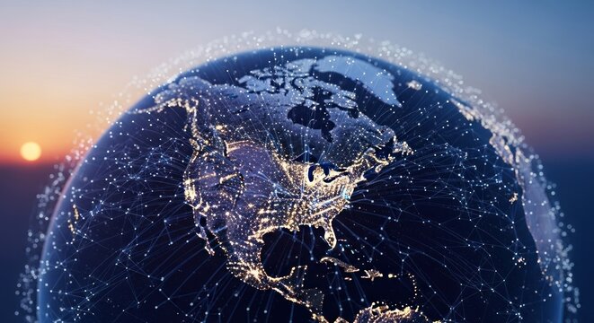 A digital network envelops Earth at dawn/dusk, illuminating cities across North America