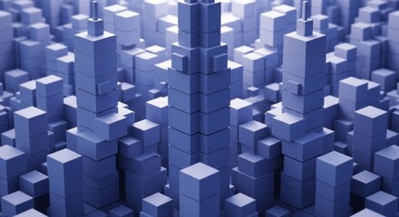 Abstract blue cubic structures form a sprawling, stylized urban landscape