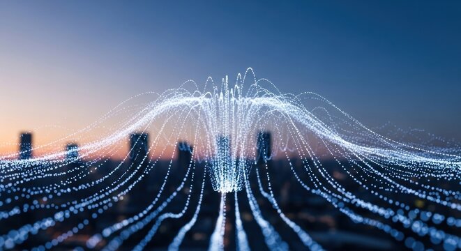 Abstract blue light streams surge across a blurred city skyline at twilight, data flow - Powered by Adobe