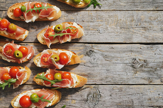 Photorealistic bruschetta with prosciutto cherry tomatoes olives and arugula on rustic bread arranged on parchment paper