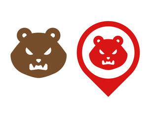 怒っている熊の顔アイコンとマップピンのセット 野生動物・危険エリアの警告マーク