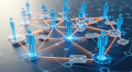 Abstract human figures in a glowing digital network with message icons, showing connections