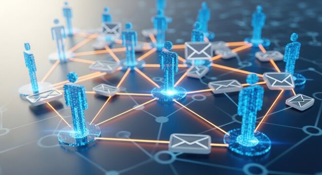 Abstract human figures in a glowing digital network with message icons, showing connections - Powered by Adobe