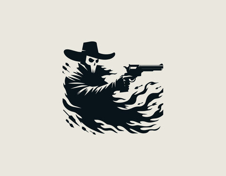 Dramatic black silhouette of an intimidating cowboy skeleton phantom wearing a western hat and tattered cloak, aggressively firing dual revolvers while being pierced by multiple arrows