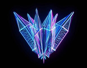 Striking 3D render of an abstract geometric crystal shape, outlined with glowing neon blue and purple wireframe lines. The intricate, sharp form stands out against a solid black background, conveying 