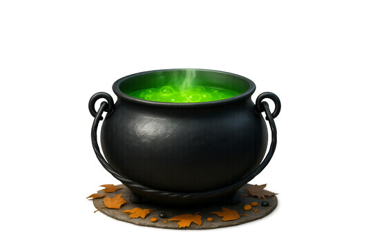 Spooky Halloween witch cauldron bubbling with green magic potion resting on dry autumn leaves - Powered by Adobe