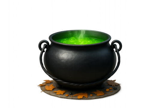 Spooky Halloween witch cauldron bubbling with green magic potion resting on dry autumn leaves