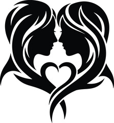 Two black silhouette profiles facing each other forming a heart shape