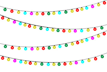 Garlands with colored bulbs. Christmas glowing lights on white background. Colorful Christmas lights, white background. Colorful garland. Christmas light string. Christmas light bulbs for decoration.