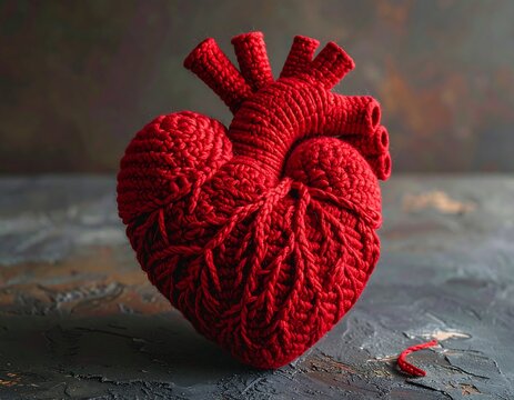 Close-up of a handmade red knitted anatomical human heart