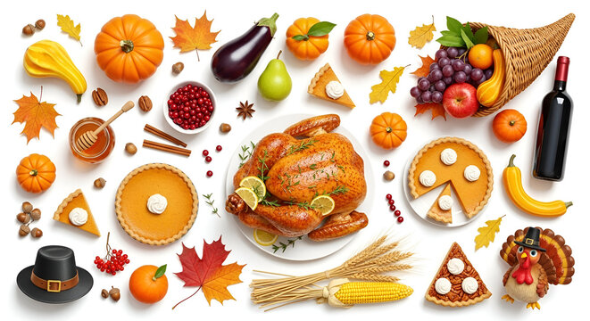 Thanksgiving dinner flat lay feast including roasted turkey pumpkin pie harvest vegetables and fall decorations on white