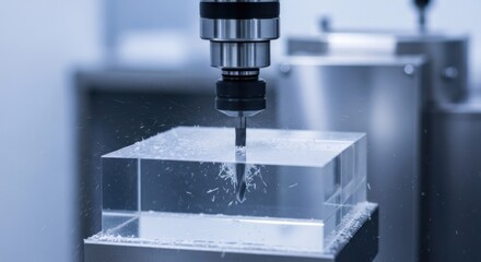 Automated precision machine cutting into a clear acrylic block, generating plastic chips