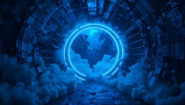 Round Abstract Blue Neon Tunnel with Light Rays and Smoke"