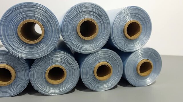 Seven rolls of translucent, light blue film, stacked on a grey surface with a white background