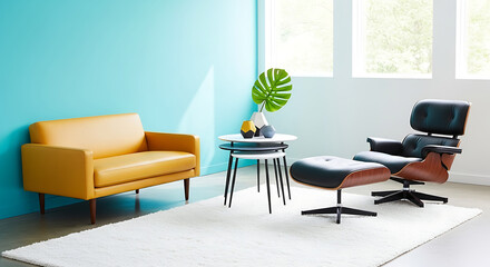 Fototapeta premium Modern living room interior with sofa, chair, and coffee table on a white rug against blue walls.