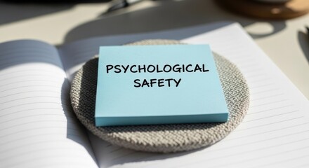 Blue sticky note "PSYCHOLOGICAL SAFETY" on open notebook, sunlit desk background
