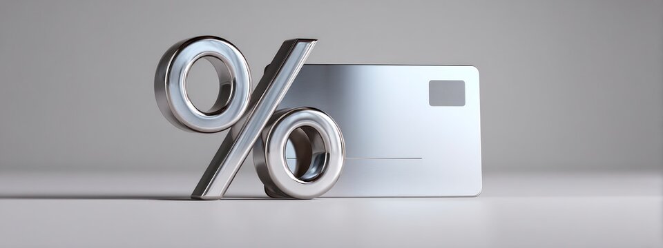 Metallic percent symbol and credit card reflection. Concept: finance, credit, rates. banner  - Powered by Adobe