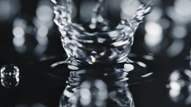 Ultra slow motion close up of crystal clear water droplets merging and changing opacity on a polished hydrophobic surface slowmo, purity, ripple