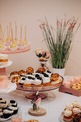 Candy bar of different cookies, candy and sweets at party
